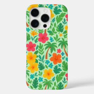 Funda iPhone 16 Pro Paraíso tropical - Hojas de palma y patrón de hibi