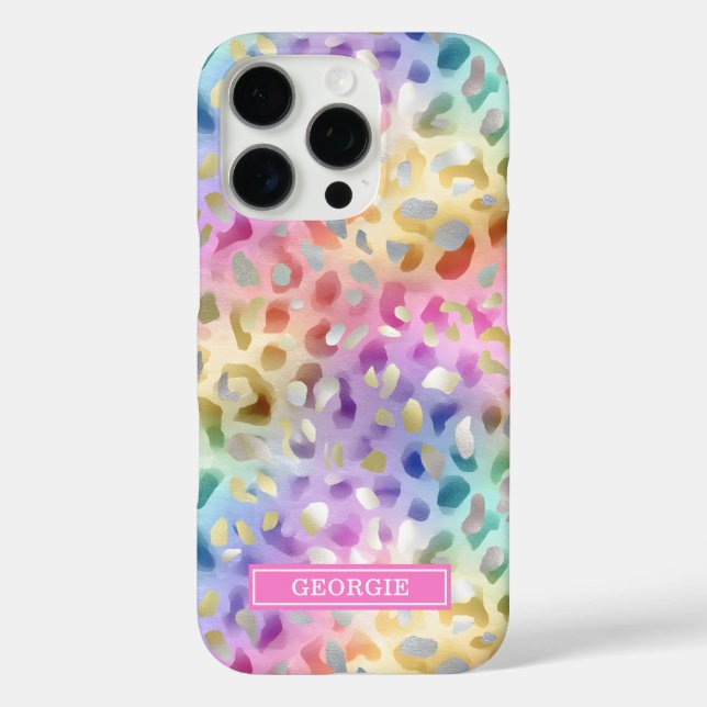 Funda iPhone 16 Pro Pastel Iridescent Leopard Print Monogrammed (Reverso )