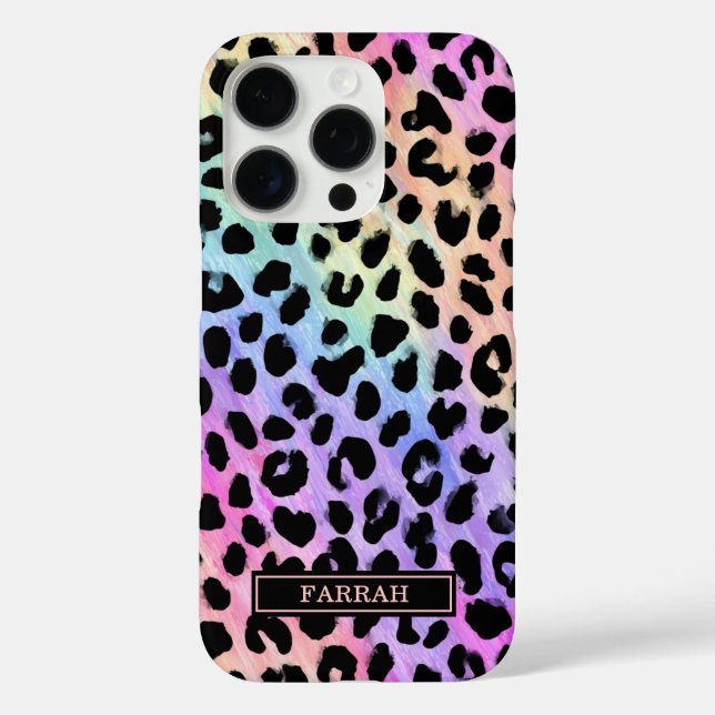 Funda iPhone 16 Pro Pastel Rainbow Leopard Print Monogrammed (Reverso )