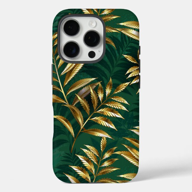 Funda iPhone 16 Pro Patrón continuo con helechos dorados (Reverso )