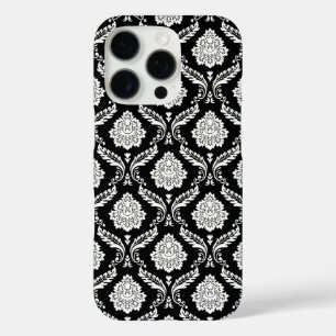 Funda iPhone 16 Pro Patrón de Damasco Rococó Blanco sobre Negro
