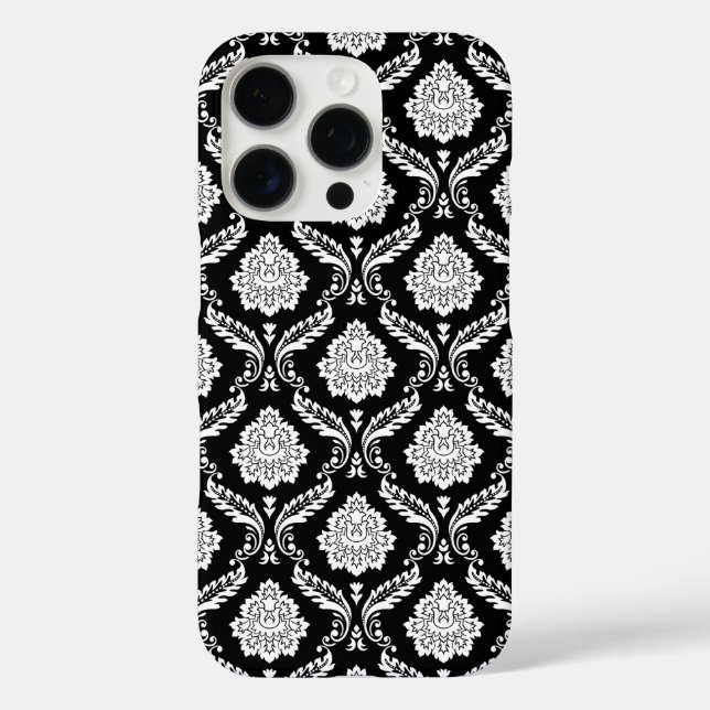Funda iPhone 16 Pro Patrón de Damasco Rococó Blanco sobre Negro  (Reverso )
