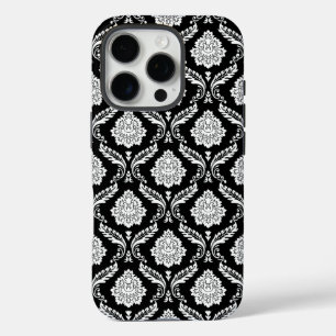 Funda iPhone 16 Pro Patrón de Damasco Rococó Blanco sobre Negro