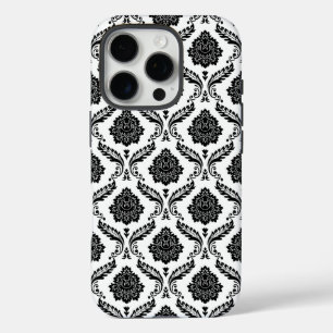Funda iPhone 16 Pro Patrón de Damasco Rococó Negro sobre Blanco