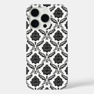 Funda iPhone 16 Pro Patrón de Damasco Rococó Negro sobre Blanco
