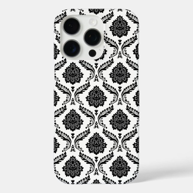 Funda iPhone 16 Pro Patrón de Damasco Rococó Negro sobre Blanco (Reverso )