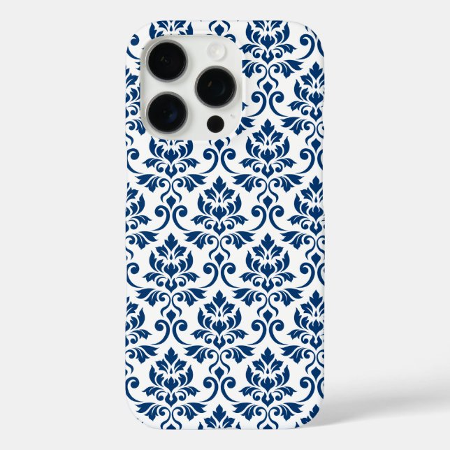 Funda iPhone 16 Pro Patrón de Damask de Feuille azul oscuro sobre blan (Reverso )