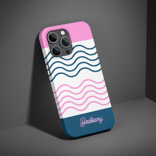 Funda iPhone 16 Pro Patrón de franjas onduladas azul y rosa personaliz