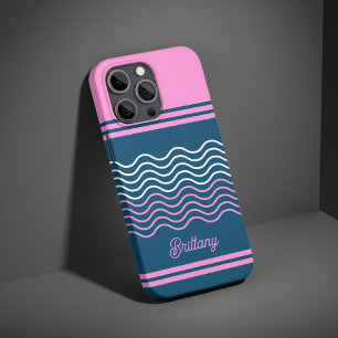 Funda iPhone 16 Pro Patrón de franjas onduladas azul y rosa personaliz