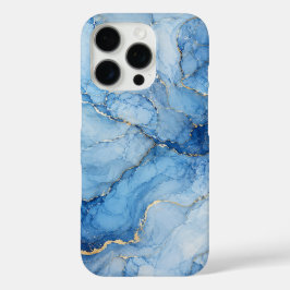 Funda iPhone 16 Pro Patrón de mármol azul con vetas doradas acuarela