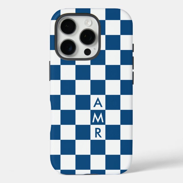 Funda iPhone 16 Pro Patrón de Monograma azul blanco revisado (Reverso )