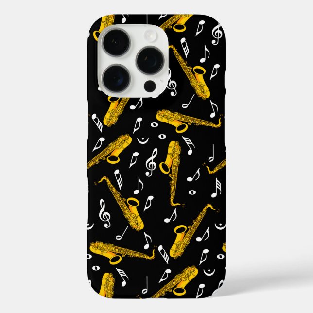 Funda iPhone 16 Pro Patrón de notas de música saxofónica (Reverso )