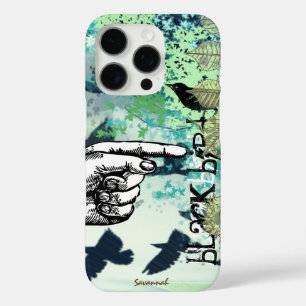 Funda iPhone 16 Pro Patrón de pájaro negro Aqua, Chica de la Vintage