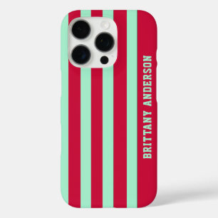 Funda iPhone 16 Pro Patrón de rayas rojas y verdes de menta personaliz