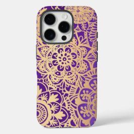 Funda iPhone 16 Pro Patrón elegante de Mandala morado y dorado