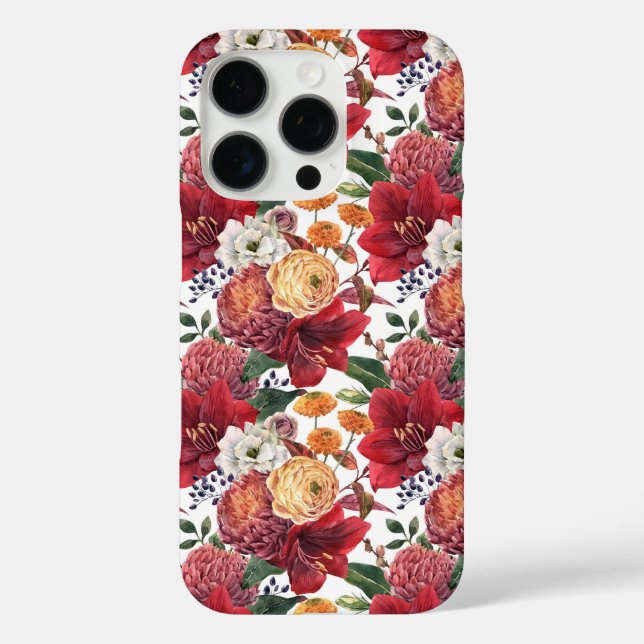 Funda iPhone 16 Pro Patrón floral Amaryllis y crisantemos (Reverso )