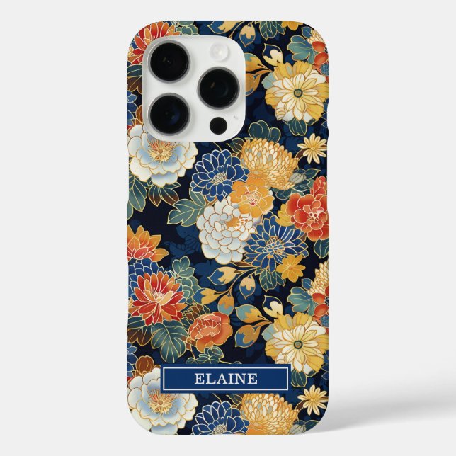 Funda iPhone 16 Pro Patrón Floral Azul Japonés Monogramado (Reverso )