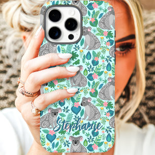 Funda iPhone 16 Pro Patrón Floral de Koala con Nombre Personalizado
