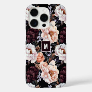 Funda iPhone 16 Pro Patrón floral Oscuro Peonies Inicial