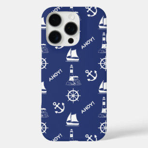 Funda iPhone 16 Pro Patrón ilustrativo de navegación Blanco+Azul marin