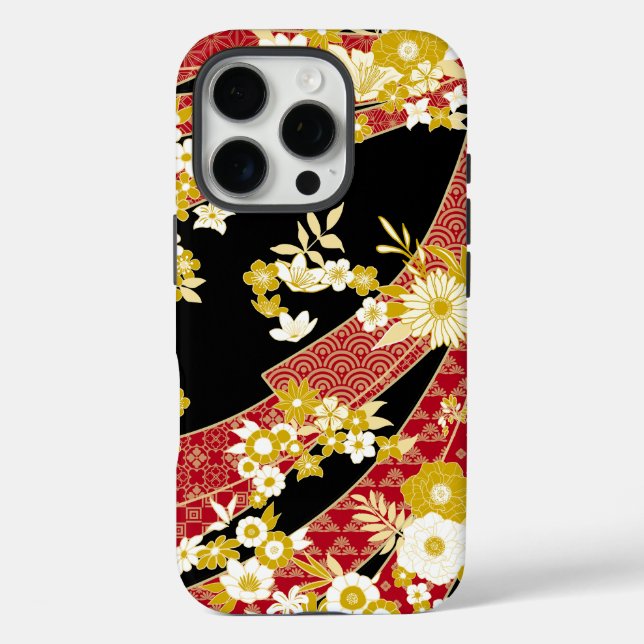 Funda iPhone 16 Pro Patrón Kimono de mezcla floral (Reverso )