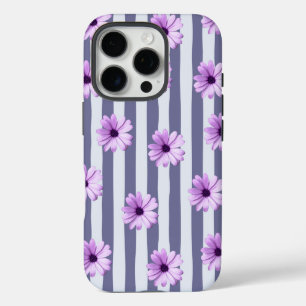 Funda iPhone 16 Pro patrón rayado con margaritas moradas