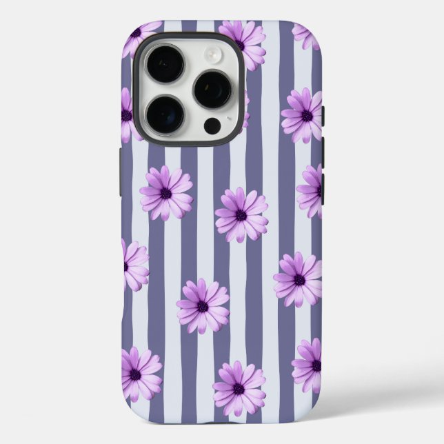 Funda iPhone 16 Pro patrón rayado con margaritas moradas (Reverso )