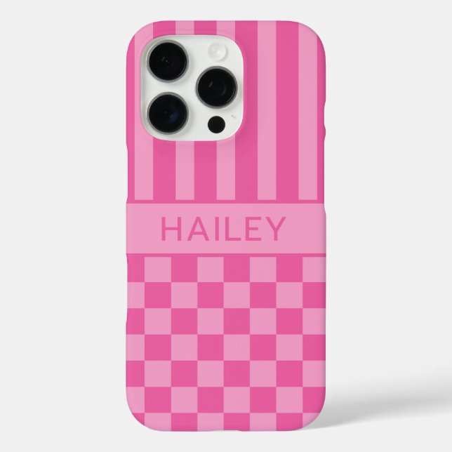 Funda iPhone 16 Pro Personalizado a Cuadros Rayado Rosa (Reverso )