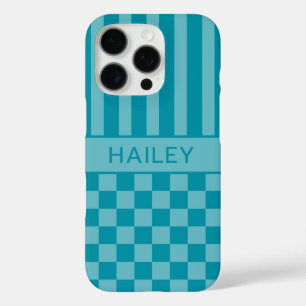 Funda iPhone 16 Pro Personalizado a cuadros rayas verde azulado