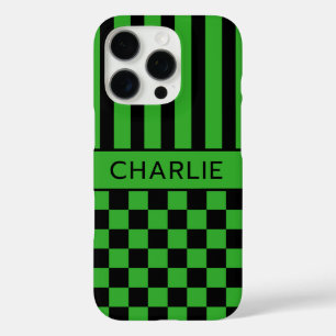 Funda iPhone 16 Pro Personalizado a cuadros y rayas negras y verdes