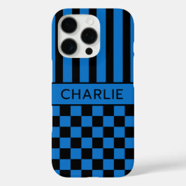 Funda iPhone 16 Pro Personalizado con Cuadros Negros y Azules Rayados