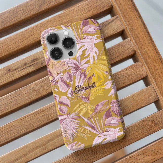 Funda iPhone 16 Pro Personalizado Leaf Tropical Moderno Gris Amarillo (The custom phone case with tropical rainforest leaves printed has the tone of summer, yellow.)