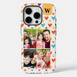 Funda iPhone 16 Pro Personalizado Pastel Hearts Monograma 4-Fotos