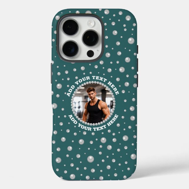 Funda iPhone 16 Pro Personalized Photo with Pearls Circle on Teal (Reverso )