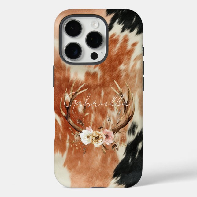 Funda iPhone 16 Pro Piel de vaca de vaca Floral Deer Antlers (Reverso )