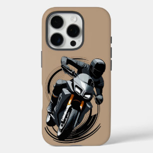 Funda iPhone 16 Pro Piloto minimalista de moto deportiva en un entorno
