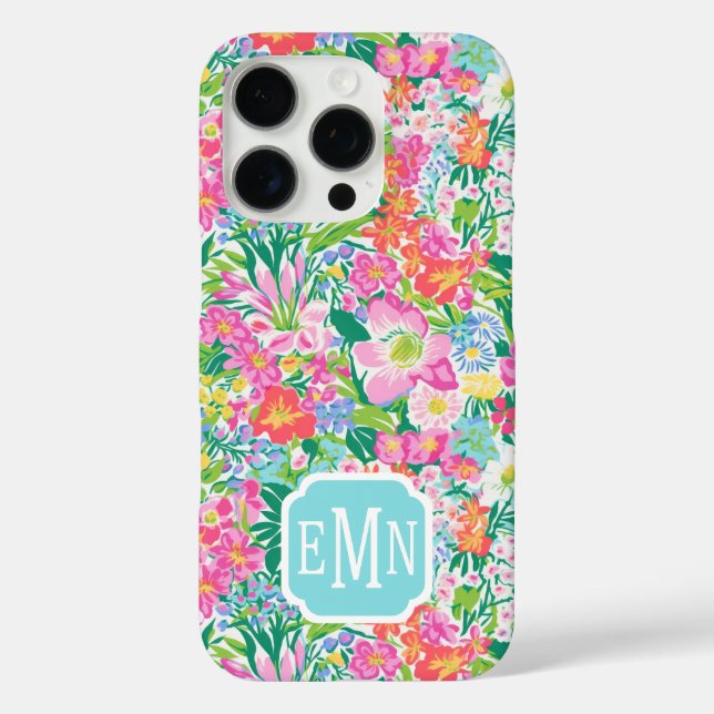 Funda iPhone 16 Pro Pink Floral Garden Monogrammed (Reverso )