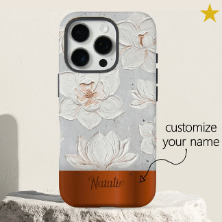 Funda iPhone 16 Pro Pintura de Magnolia Blanca Metal Cobre Nombre Pers