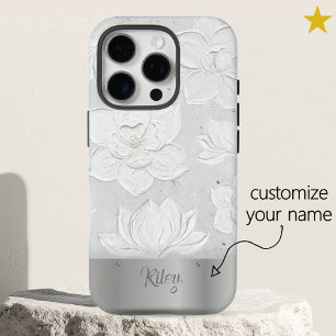 Funda iPhone 16 Pro Pintura de Magnolia Blanca Metal Plateado Nombre P