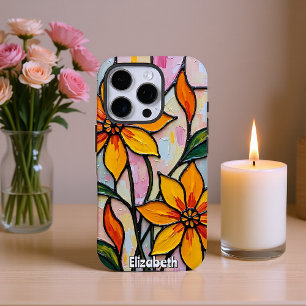 Funda iPhone 16 Pro Pintura de vidrio manchado de flores amarillas