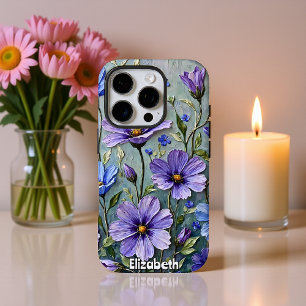Funda iPhone 16 Pro Pintura floral suave azul y púrpura