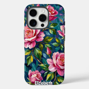 Funda iPhone 16 Pro Pintura floral texturizada con rosas rosadas
