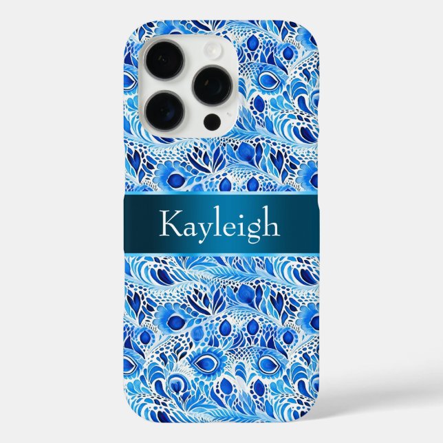 Funda iPhone 16 Pro Plumas de pavo real blancas azules   (Reverso )