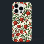 Funda iPhone 16 Pro Pomegranatos y Bella Moths sobre blanco roto<br><div class="desc">Ramas granadas con hojas exuberantes y frutos rojos ricos se extienden a través de un fondo negro. Una capa secundaria se desvanece sutilmente,  añadiendo profundidad. Tradicionalmente pintados en papel con marcadores,  los elementos son escaneados y compuestos en un patrón en Photoshop.</div>