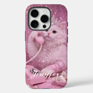 Funda iPhone 16 Pro Princesa Glamurosa Gato Usando Teléfono