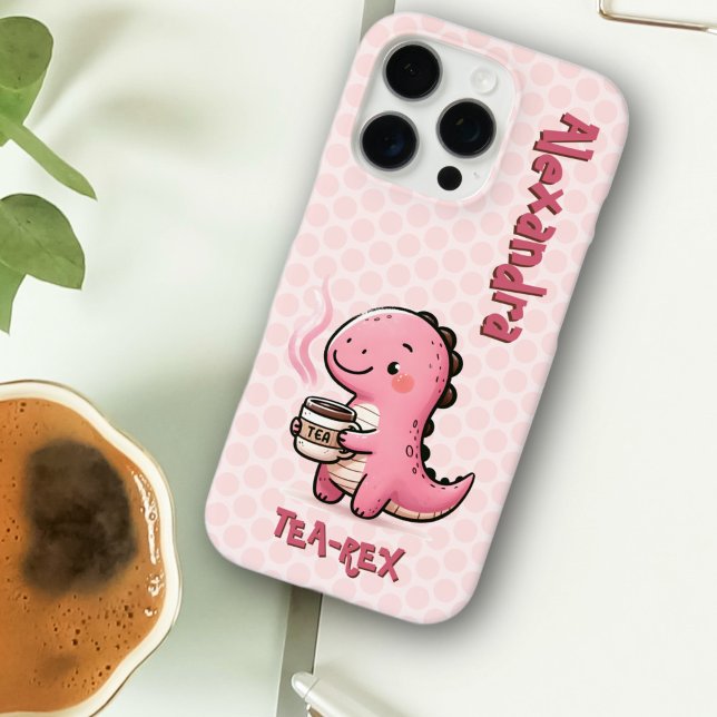 Funda iPhone 16 Pro Pun animal de dinosaurio personalizado dulce para  (Sweet Tea-Rex Personalized Dinosaur Animal Pun Polka Dot Phone Case)