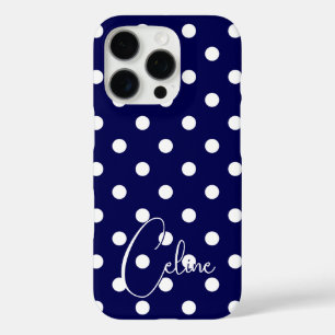 Funda iPhone 16 Pro Puntos De Polka De Estilo Azul Oscuro Y Tu Nombre 