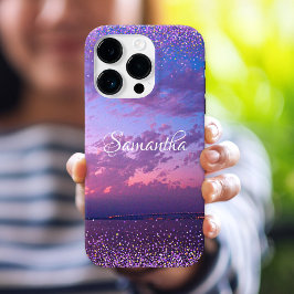Funda iPhone 16 Pro Púrpura Ocean Sunset Photo Script Nombre Confetti