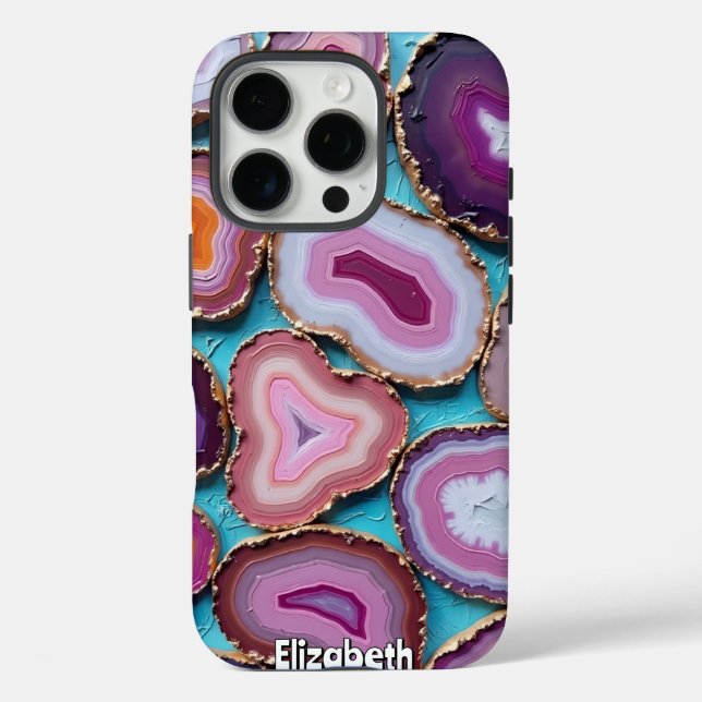 Funda iPhone 16 Pro Púrpura y rosada agar rodajas con oro (Reverso )