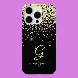 Funda iPhone 16 Pro Purpurina dorada y nombre con letra cursiva blanca